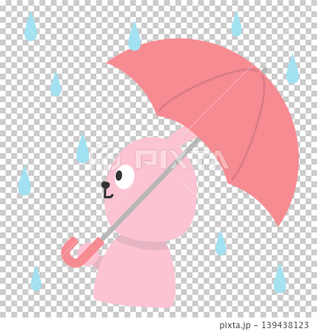 An illustration of a rabbit walking with an umbrella in the rain. 139438123