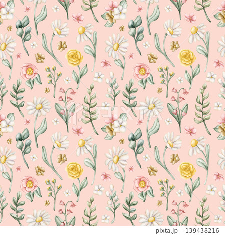Cute Colourful Meadow Flower Seamless Pattern. Watercolor summer spring bloom floral illustration hand painted isolated on pink background for nursery design fresh print fabric textile wrapping paper 139438216