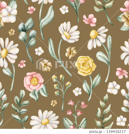 Cute Colourful Meadow Flower Seamless Pattern. Watercolor summer spring bloom floral illustration hand painted isolated on brown background for nursery design fresh print fabric textile wrapping paper Cute Colourful Meadow Flower Seamless Pattern. Watercolor summer spring bloom floral illustration hand painted isolated on brown background for nursery design fresh print fabric textile wrapping paper 139438217