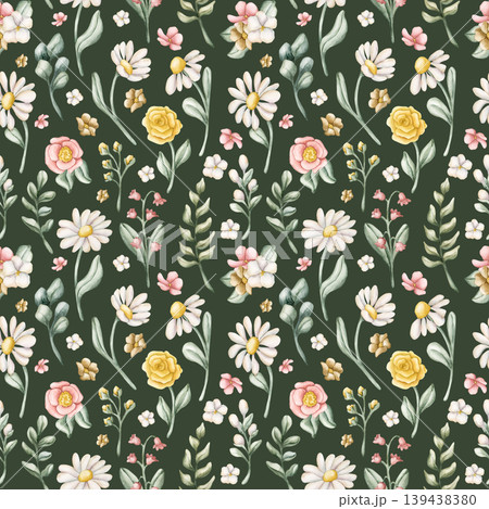 Cute Colourful Meadow Flower Seamless Pattern. Watercolor summer spring bloom floral illustration hand painted isolated on dark green background for nursery design fresh fabric textile wrapping paper Cute Colourful Meadow Flower Seamless Pattern. Watercolor summer spring bloom floral illustration hand painted isolated on dark green background for nursery design fresh fabric textile wrapping paper 139438380