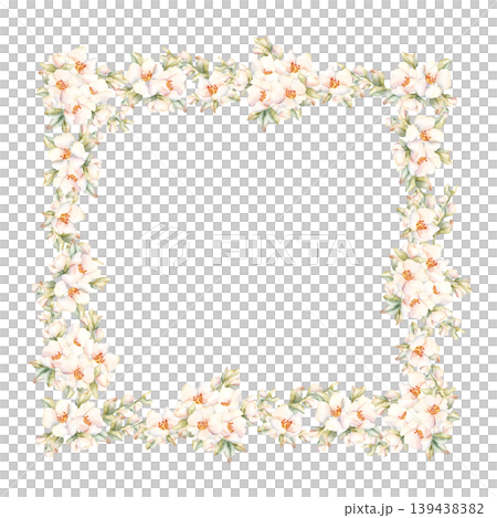 Little White Flower bud leaves Frame Peach Apple Blossom Blooming. Watercolor hand drawn floral illustration isolated on white background home textile fresh fabric cosmetic package porcelain crockery Little White Flower bud leaves Frame Peach Apple Blossom Blooming. Watercolor hand drawn floral illustration isolated on white background home textile fresh fabric cosmetic package porcelain crockery 139438382