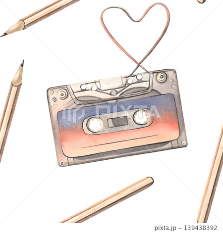 Cassette tape, ribbon shaped as heart, pencil seamless pattern. Hand-painted watercolor illustration isolated on white for blogs, music branding, retro poster, printing on packaging, clothing, decor Cassette tape, ribbon shaped as heart, pencil seamless pattern. Hand-painted watercolor illustration isolated on white for blogs, music branding, retro poster, printing on packaging, clothing, decor 139438392