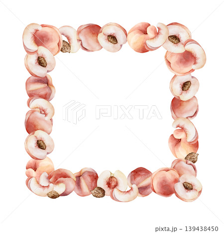 Pink Peaches with Seeds Frame Summer Juicy Ripe Fruits. Watercolor hand drawn floral food illustration isolated on white background for home kitchen textile fresh print card cosmetic package crockery Pink Peaches with Seeds Frame Summer Juicy Ripe Fruits. Watercolor hand drawn floral food illustration isolated on white background for home kitchen textile fresh print card cosmetic package crockery 139438450