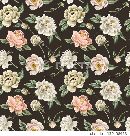 Peonies Flowers Seamless Pattern. Watercolor hand drawn floral illustratoin isolated on dark background for summer design home textile wrapping paper gift boxes fresh fabric print cosmetic package 139438458