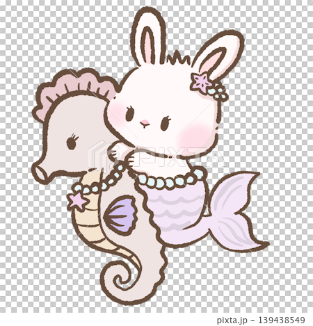 Cute bunny mermaid hugging seahorse clipart pastel underwater ocean fantasy sea life kawaii nursery illustration art 139438549
