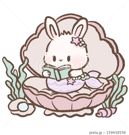 Cute bunny mermaid reading book inside seashell clipart pastel ocean fantasy underwater kawaii nursery cozy illustration 139438556