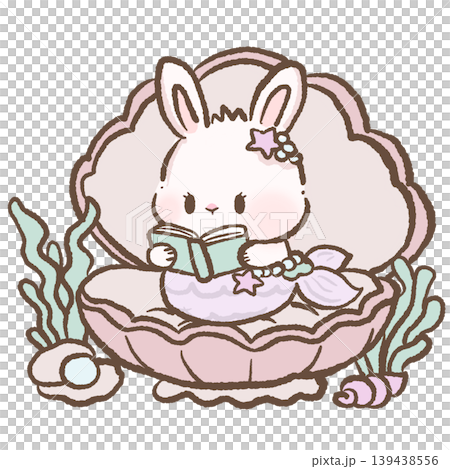 Cute bunny mermaid reading book inside seashell clipart pastel ocean fantasy underwater kawaii nursery cozy illustration 139438556