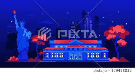 Statue Of Liberty And Library - Colorful Flat Design Illustration Statue Of Liberty And Library - Colorful Flat Design Illustration 139438839