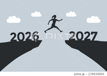 woman jumping over a cliff from 2026 to 2027 vector illustration woman jumping over a cliff from 2026 to 2027 vector illustration 139438903