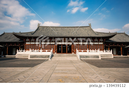 Ancient Chinese style Deshou Palace building in Hangzhou features a magnificent tiled roof and carved wooden details on a sunny day Ancient Chinese style Deshou Palace building in Hangzhou features a magnificent tiled roof and carved wooden details on a sunny day 139439112
