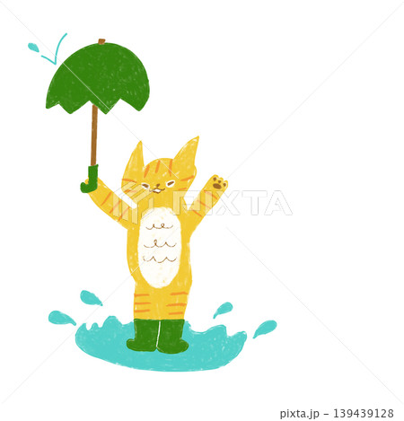 雨の日に水たまりで遊ぶ猫　子ども向け ブログ SNS  おたより イラスト素材 139439128