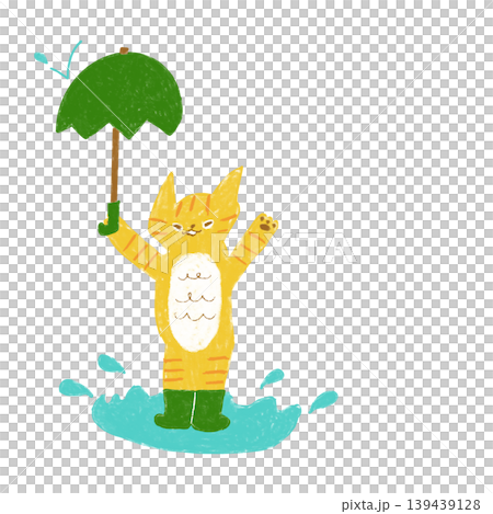 雨の日に水たまりで遊ぶ猫　子ども向け ブログ SNS  おたより イラスト素材 139439128