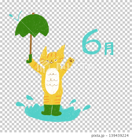 下雨天，貓咪在水坑玩耍（六月）[部落格、社群媒體、信件、插畫素材] 139439224