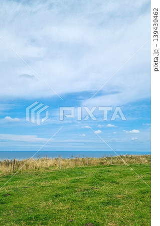 Idyllic Coastal Landscape with Blue Sky and Ocean Horizon for Tranquil Design 139439462