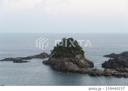 穏やかな海に浮かぶ緑豊かな孤島と岩礁の風景 穏やかな海に浮かぶ緑豊かな孤島と岩礁の風景 139440237