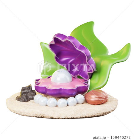 3D Icon Summer. shells and pearls. Isolated on transparent background. 3D illustration. High resolution 3D Icon Summer. shells and pearls. Isolated on transparent background. 3D illustration. High resolution 139440272