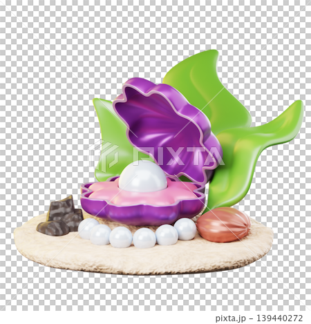 3D Icon Summer. shells and pearls. Isolated on transparent background. 3D illustration. High resolution 3D Icon Summer. shells and pearls. Isolated on transparent background. 3D illustration. High resolution 139440272