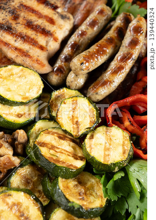 Freshly grilled meat and vegetable variety for clean eating diet 139440324