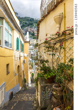Narrow alley street with colorful buildings in Positano Italy Narrow alley street with colorful buildings in Positano Italy 139440563