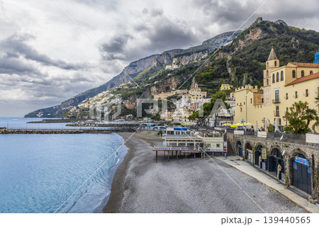 Amalfi Coast seaside town with beach and mountains, Italy 139440565