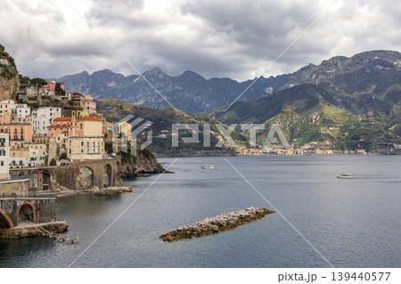 Amalfi Coast seaside town with beach and mountains, Italy 139440577