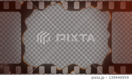 Vintage burned film frame overlay isolated on transparent background. Retro damaged photo strip with grunge texture for cinematic design, distressed editing and analog photography effects Vintage burned film frame overlay isolated on transparent background. Retro damaged photo strip with grunge texture for cinematic design, distressed editing and analog photography effects 139440959