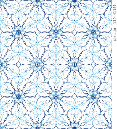 Winter blue seamless pattern. Elegant blue snowflakes on white background. Lace of swirls. Decorative lacy design element for winter mood 139441121