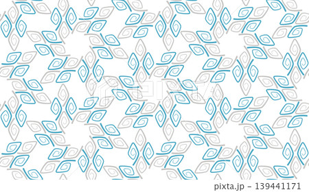 Seamless geometric pattern with rhombuses. Stars snowflakes background. Iterative teal and white spirals curl on white background Seamless geometric pattern with rhombuses. Stars snowflakes background. Iterative teal and white spirals curl on white background 139441171