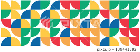 Geometric seamless pattern with colorful half circles and squares in red, yellow, green, and blue on white background Geometric seamless pattern with colorful half circles and squares in red, yellow, green, and blue on white background 139441592