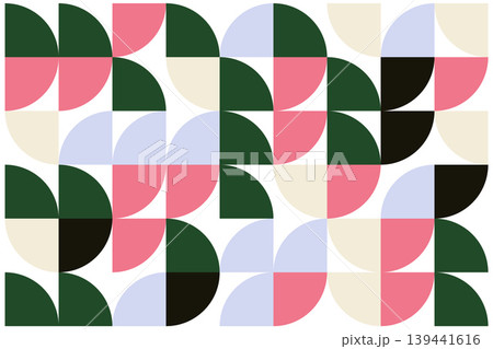 Seamless geometric pattern with colorful semicircles and quarter circles in pink, green, cream, black, and light blue on white Seamless geometric pattern with colorful semicircles and quarter circles in pink, green, cream, black, and light blue on white 139441616