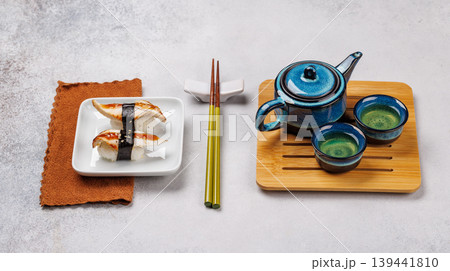 Eel sushi set with tea and teapot Eel sushi set with tea and teapot 139441810