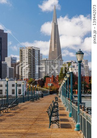 Scenic view of a classic wooden pier stretching into the San Francisco Bay 139442073