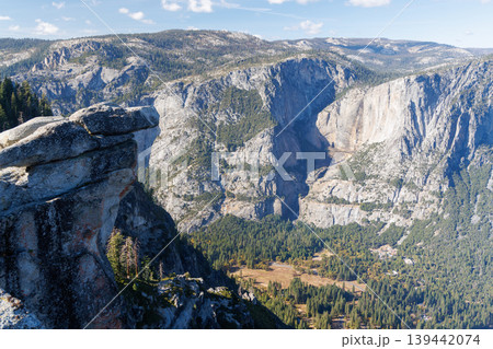 Scenic summer landscape in Yosemite National Park with mountains, forest, and sky 139442074