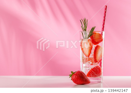 Fresh strawberry infused water with herbs on pink background with copy space Fresh strawberry infused water with herbs on pink background with copy space 139442147