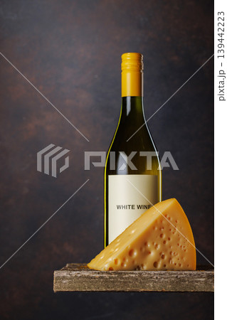 White wine bottle with cheese on rustic table White wine bottle with cheese on rustic table 139442223