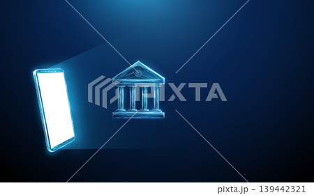 3D blue smartphone and bank icon. Mobile banking, online finance, digital wallet, e-commerce, fintech, payment, internet transaction, modern wireless service concept 139442321