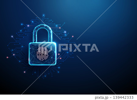 3D blue lock with fingerprint and lines. Cybersecurity, biometric authentication, identity verification, privacy, encryption, access control, trust, defense concept 3D blue lock with fingerprint and lines. Cybersecurity, biometric authentication, identity verification, privacy, encryption, access control, trust, defense concept 139442333