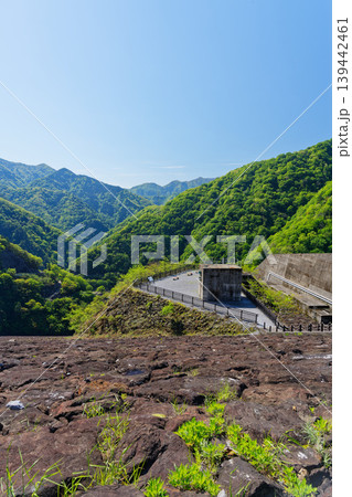 岩場の先に広がる新緑の山と展望スペース 岩場の先に広がる新緑の山と展望スペース 139442461