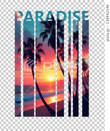 Tropical beach sunset with palm trees and ocean waves inside sliced vertical text design with word PARADISE on white or transparent background, modern graphic design concept. Tropical beach sunset with palm trees and ocean waves inside sliced vertical text design with word PARADISE on white or transparent background, modern graphic design concept. 139442546