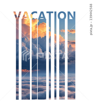 Aerial view of dramatic clouds at sunset seen through cutout vacation text, sky and travel concept illustration on white or transparent background Aerial view of dramatic clouds at sunset seen through cutout vacation text, sky and travel concept illustration on white or transparent background 139442588