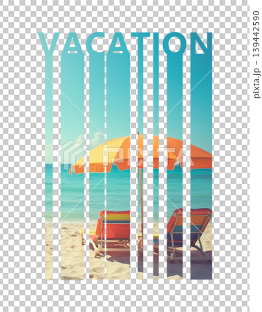 Beach chairs and umbrella on tropical shore seen through cutout vacation text, summer holiday and travel concept illustration on white or transparent background. 139442590