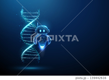 3d blue DNA helix with robot. AI biotechnology integration, genetic data analysis, bioinformatics, machine learning in genomics, advanced research concept 3d blue DNA helix with robot. AI biotechnology integration, genetic data analysis, bioinformatics, machine learning in genomics, advanced research concept 139442616