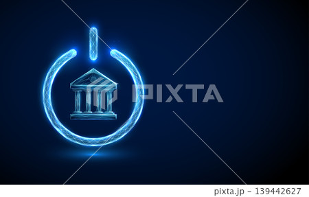 3d blue bank icon inside power button. Digital banking, instant financial access, online banking startup, fintech enablement, account access control concept 3d blue bank icon inside power button. Digital banking, instant financial access, online banking startup, fintech enablement, account access control concept 139442627