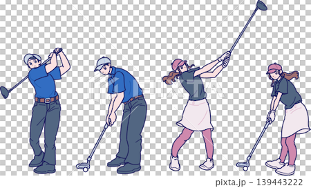 一組插圖,描繪了一男一女打高爾夫球以及他們的揮桿動作。 一組插圖,描繪了一男一女打高爾夫球以及他們的揮桿動作。 139443222