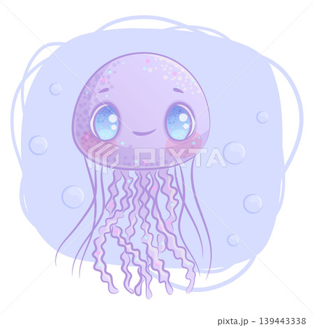 Hand-drawn cute cartoon smiling jellyfish on a blue background. Cartoon children's vector illustration for the design of postcards, postcards for printing, textiles Hand-drawn cute cartoon smiling jellyfish on a blue background. Cartoon children's vector illustration for the design of postcards, postcards for printing, textiles 139443338