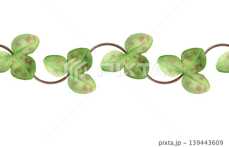 Watercolor botanical border of green hepatica leaves on curved stems. Spring leaves. Ideal for stationery, wedding invites, packaging, branding and seamless designs Watercolor botanical border of green hepatica leaves on curved stems. Spring leaves. Ideal for stationery, wedding invites, packaging, branding and seamless designs 139443609