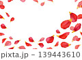 Watercolor frame of red tulip petals with yellow tips forming a circular border on white background. Ideal for invitations, greeting cards, branding and romantic designs 139443610
