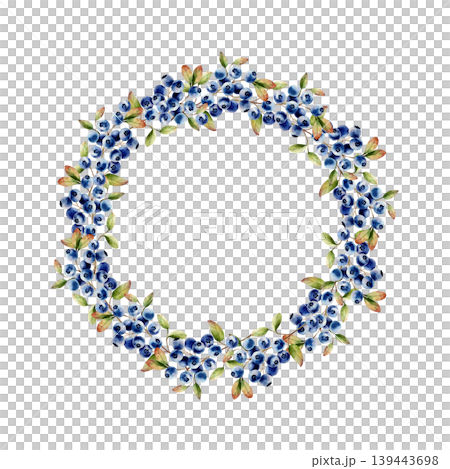 Watercolor frame, template, wreath with branch of juicy blueberries with green leaves. Botanical hand drawn isolated illustration ideal for seasonal, forest, or nature-themed designs. Rustic foliage 139443698