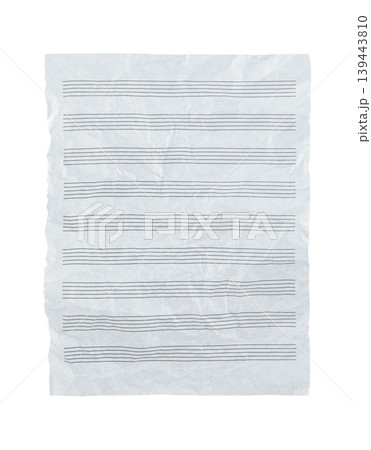 Crumpled blank music staff sheet with clean staves and no notes. Concept of creative struggle, unfinished composition, or musical ideas. Isolated on transparent background Crumpled blank music staff sheet with clean staves and no notes. Concept of creative struggle, unfinished composition, or musical ideas. Isolated on transparent background 139443810