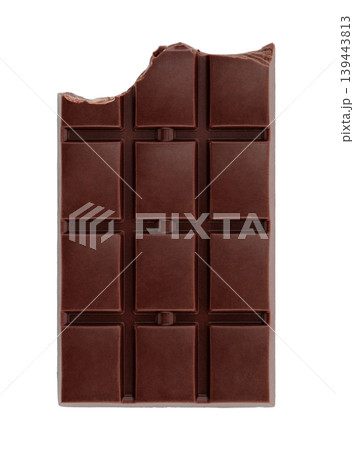 Bitten chocolate bar with visible bite mark and segmented pieces. Concept of temptation, taste, and sweet indulgence. Isolated on transparent background Bitten chocolate bar with visible bite mark and segmented pieces. Concept of temptation, taste, and sweet indulgence. Isolated on transparent background 139443813